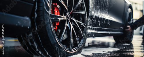 Black sport car wheel detail covered with shampoo ready to clean. Car Tire or alluminium wheel wash. copy space for text. photo