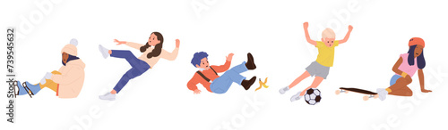 Unhappy crying children cartoon characters falling having unpleasant accident at playground set