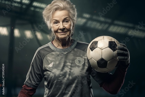 A smiling old woman with gray hair, dressed in a gray goalkeeper uniform, holding a football © Marianna