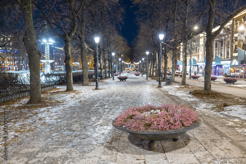 Avenue in Oslo on Karl Johans street during night in winter, with icy ground and light lamps turned on. Beautiful winter night in Oslo, Noirway. photo
