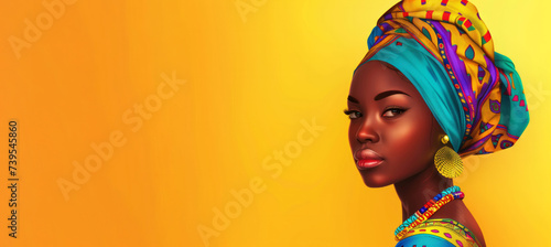 Illustration of an African woman in national clothes on a bright background. Multi-colored bright outfit on a beautiful woman with makeup against a yellow wall. photo