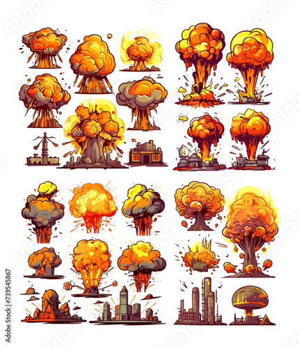 Nuclear blast with landscape and buildings on the horizon. Boom clouds, smoke fragments, for game design and illustrations, vector illustrations isolated on white background