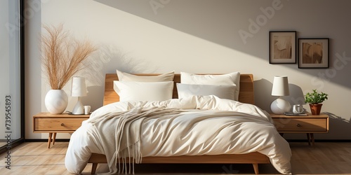 Soft cream modern elegant bedroom hotel apartment with light window and cozy pillow and bed scene