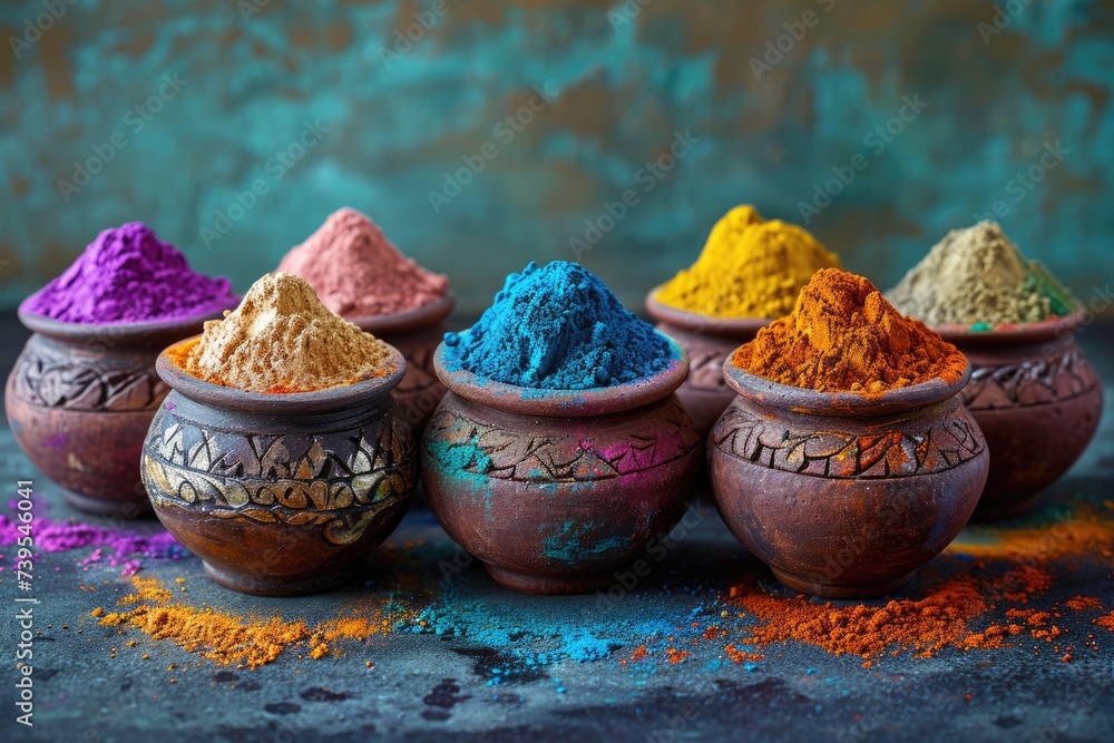 Assortment of bright Holi powder pigments heaped in carved terracotta pots, capturing the essence of the festive spirit Assortment of bright Holi powder pigments heaped in carved terracotta pots, capturing the essence of the festive spirit
