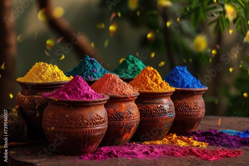 Assortment of bright Holi powder pigments heaped in carved terracotta pots, capturing the essence of the festive spirit