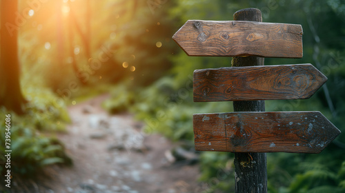 Focused on three old wooden blank arrow signs, on a signpost, near a path in a forest, pointing to the left and to the right