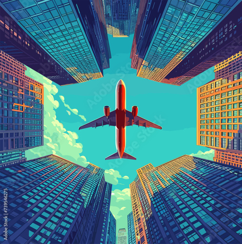 Plane is landing over skyscrapers and buildings, view from the bottom of the blue sky, and clouds, vector illustration. Modern city concept, business life vibe, mobility art