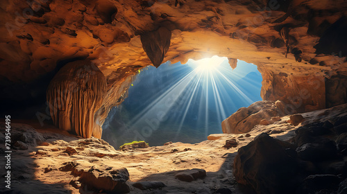 CInematic view of Empty easter christian tomb, easter empty tomb with sunrays coming in as a symbol of "he is risen". 