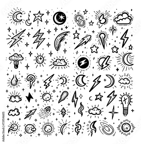 Rocker tattoo stylized icons bundle. American old school art, hand drawn doodle graphics, rockabilly, lightning, sun, moon, thunder, stars, symbols. Black color vector signs isolated on white