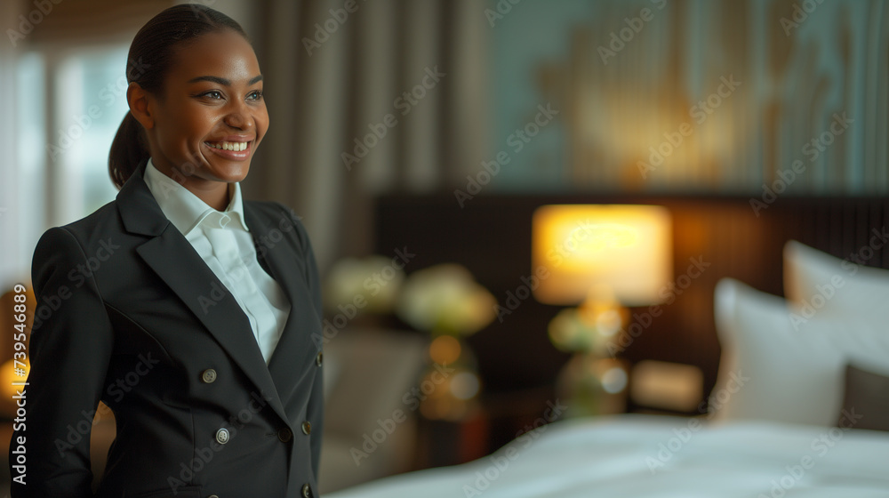 Hotel and hospitality service personnel inside a guest room.   - obrazy, fototapety, plakaty 