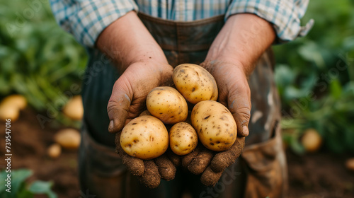 Farmer holding a handful of fresh yellow potatoes.