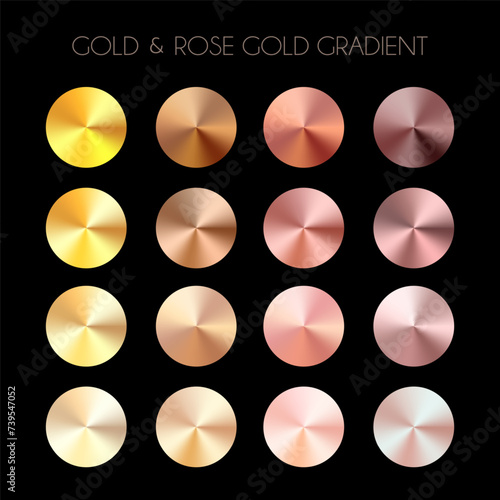 Gold and rose gold radial gradient set. Colors palette. Vector illustration