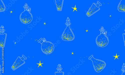 Seamless pattern with fairytale vials and bottles. Texture with vintage bottles with magic potion. Decorative stars with sparkling glitters. Poison or elixir. Premium shiny magic liquid potion bottle