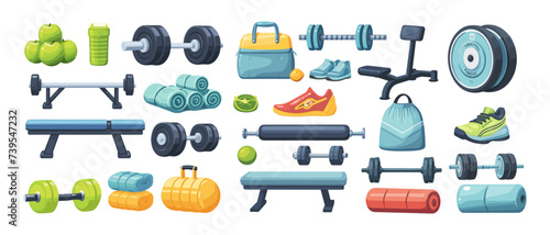 Sport equipment set. Gym tools for training, workout items, sportswear stuff, athletic accessories. in Flat vector graphic assets isolated on white background
