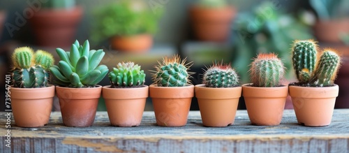 Aesthetic display of various types of small cactus plants in a row on a windowsill