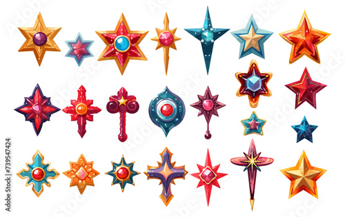 Star shaped badge pack, depicting various stages of decorative evolution for level ranks in game UI design. Stylish cartoon vector illustration set, isolated on white background