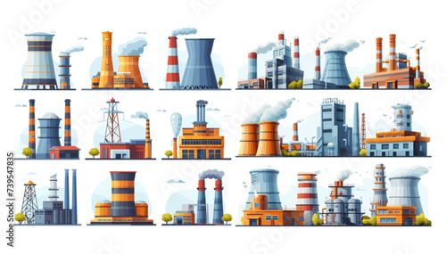 Substations and power plants set. Energy production, heavy industry. Factory buildings, electricity production, technological facilities, nuclear energy, hydroelectric units, vector bundle isolated