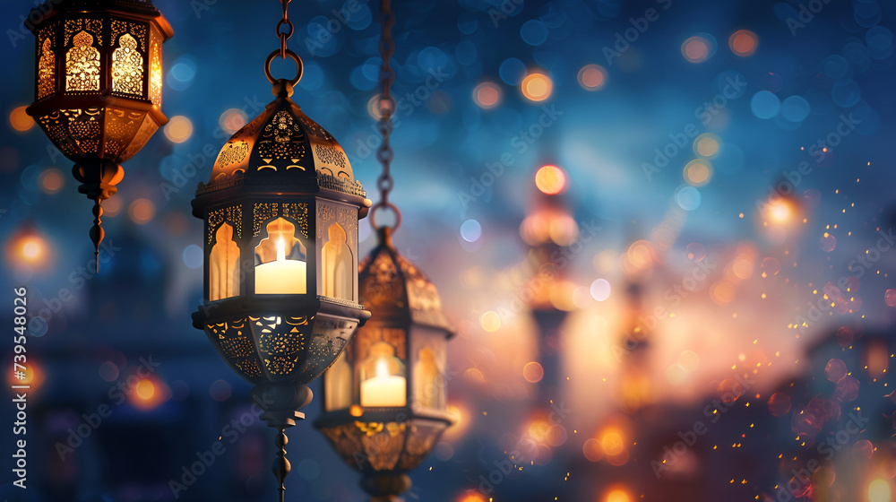 Ramadan card with mine space lantern on blue background and mosque in the background with bokeh and space for text Ramadan card with mine space lantern on blue background and mosque in the background with bokeh and space for text