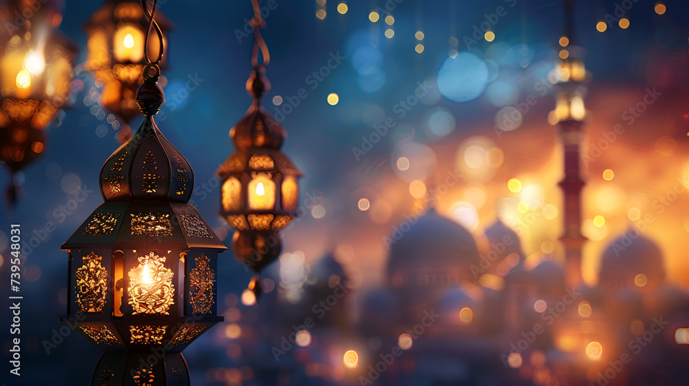 Ramadan card with mine space lantern on blue background and mosque in the background with bokeh and space for text Ramadan card with mine space lantern on blue background and mosque in the background with bokeh and space for text