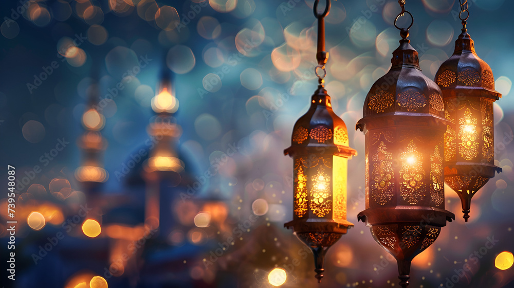 Ramadan card with mine space lantern on blue background and mosque in the background with bokeh and space for text Ramadan card with mine space lantern on blue background and mosque in the background with bokeh and space for text