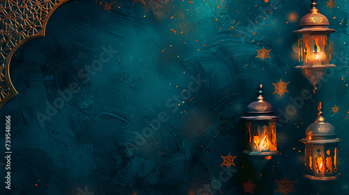 card or banner for Ramadan mine space lantern on a blue background and place for text