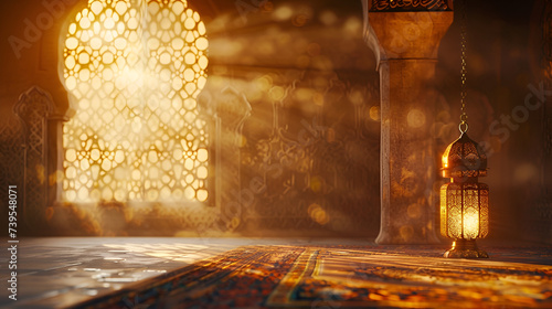 Ramadan card, lantern illuminates prayer room with space for text