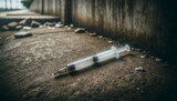 Discarded syringe lying on a gritty urban ground, indicating drug use and social issues.