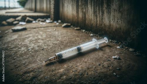 Discarded syringe lying on a gritty urban ground, indicating drug use and social issues. photo