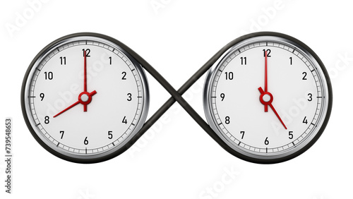 Clocks pointing 8 o'clock and 5 o'clock reminiscent of infinity symbol isolated on transparent background. 3D illustration