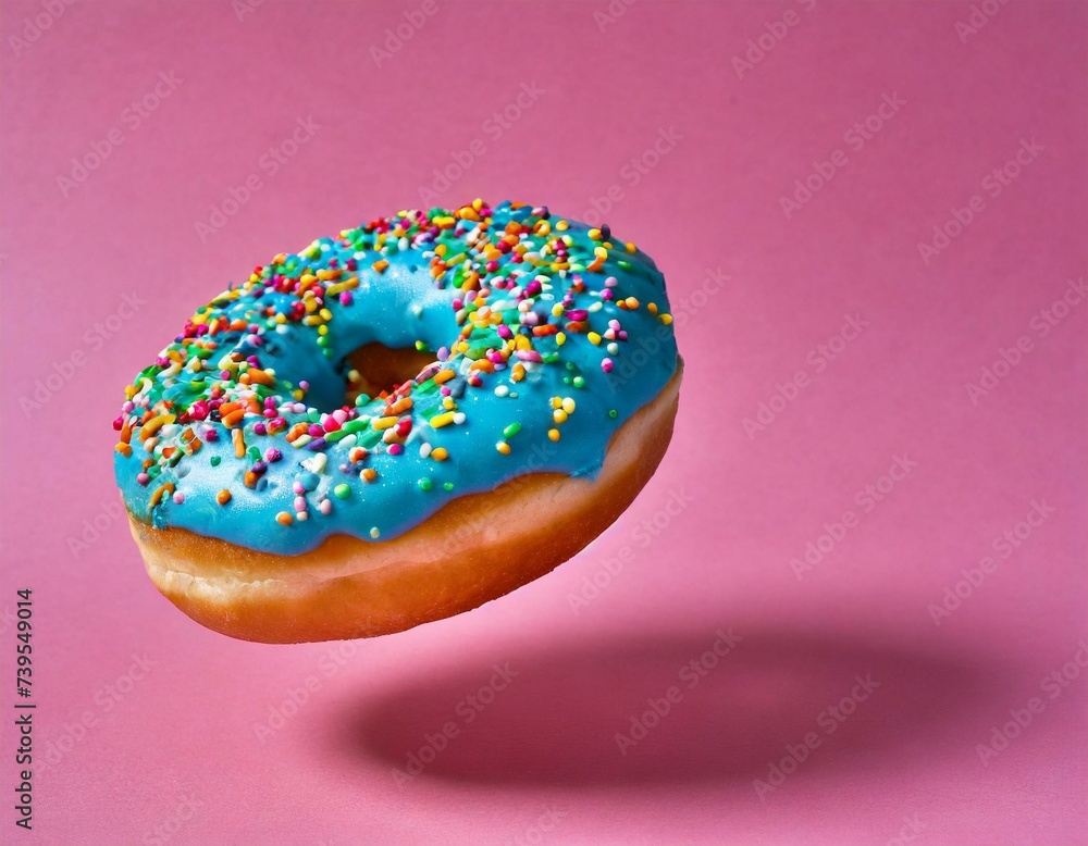 Flying donut with white icing and colorful sprinkles against a vibrant pink banner, copy Flying donut with white icing and colorful sprinkles against a vibrant pink banner, copy
