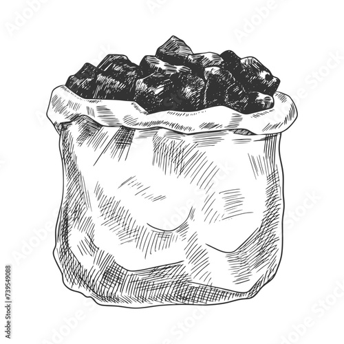 Hand drawn bag of charcoal isolated on white background. Sketch style packaging with charcoal for grilling
