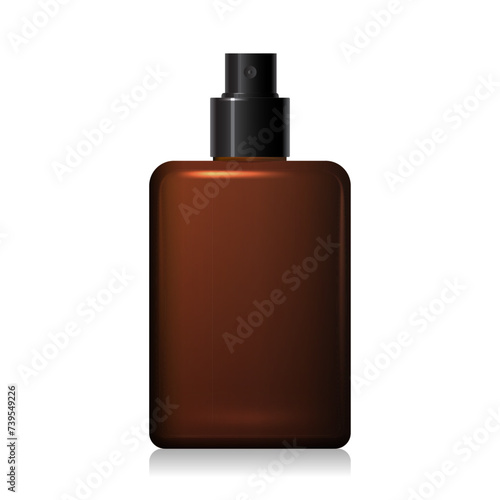 Blank matt brown glass bottle mockup with black spray isolated on white background. Square shape dark amber glass package. Realistic spray dispenser. 3d vector cosmetic package mockup template.