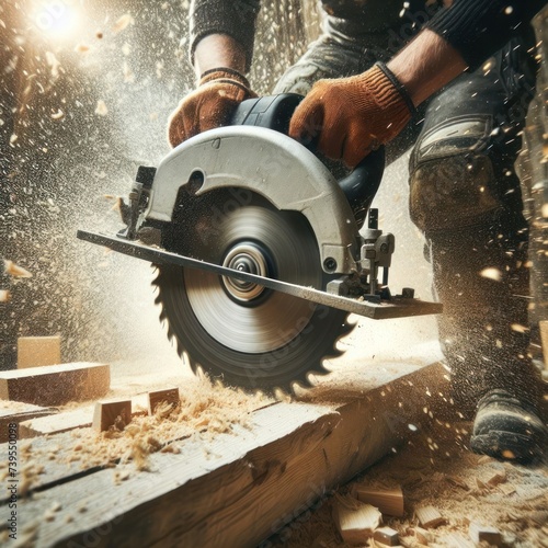 The process of cutting wood with a circular saw. photo
