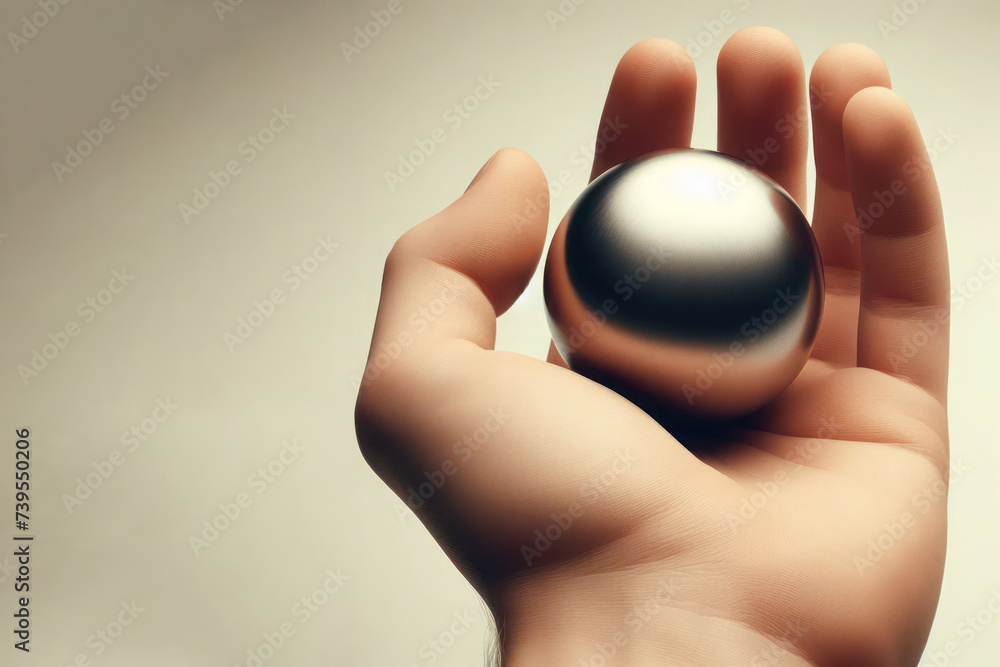Smooth metal ball in the palm. Place for text. Smooth metal ball in the palm. Place for text.