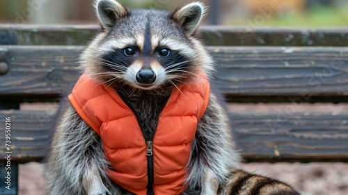 Raccoon in Rescue Vest on Park Bench Generative AI