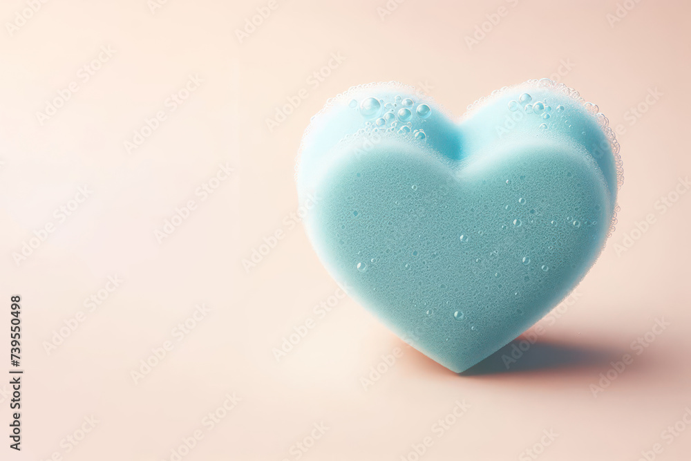 A soapy sponge in the shape of a heart on a clean background. Space for text.