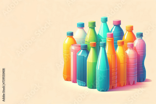 Illustration of colorful plastic bottles on a clean background. Space for text.
