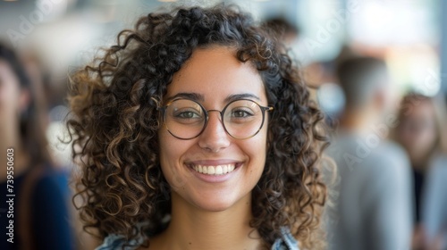 Woman with Curly Hair and Glasses Surrounded by Colleagues in High Spirits Generative AI