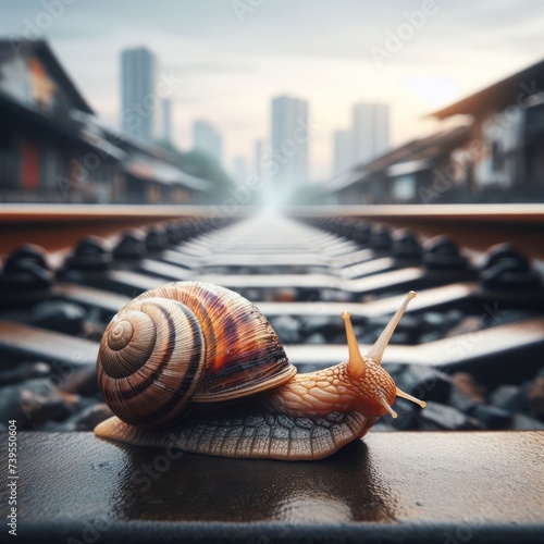 A snail crawling over a railway track.