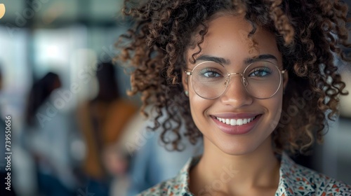 Joyful Woman with Curly Hair and Eyeglasses in Focus Generative AI © Alex
