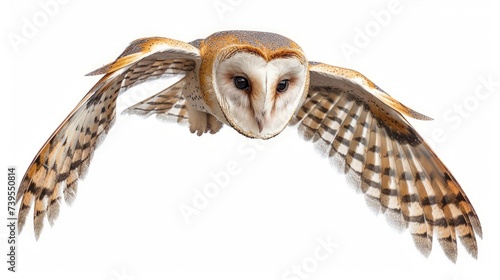 Barn Owl, Tyto alba, 4 months old, portrait flying against white background photo