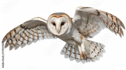Barn Owl, Tyto alba, 4 months old, portrait flying against white background photo