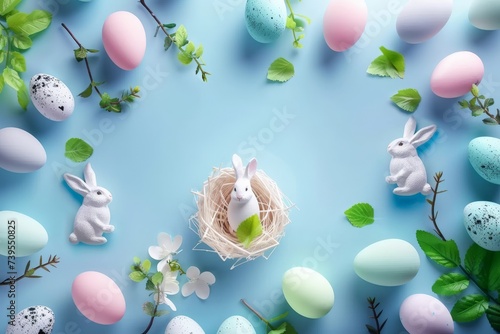 Happy Easter Eggs Basket invitation card. Bunny in Easter Monday festivals flower Garden. Cute 3d vintage card easter rabbit illustration. Easter Easter cantata card wallpaper Amber