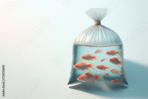 Small fish swimming in a transparent plastic bag. Place for text.