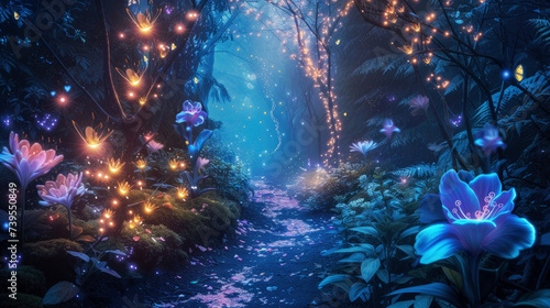 Neon fairy tale forest with luminous flowers, mystery path in dark magical woods, glowing plants and lights in wonderland. Concept of fantasy night, beauty, nature, landscape, art photo