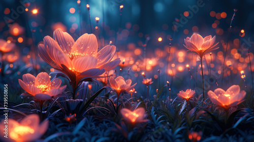 Luminous flowers in fantasy neon forest close-up, glowing plants in fairy tale woods at night, beautiful magical bloom and lights. Concept of wonderland, nature, background © scaliger