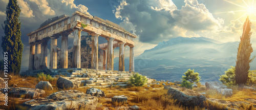 Ancient temple in Greece, view of Greek ruins on mountain and sky background, landscape with old historical building, sun and rocks. Theme of antique, travel and culture © scaliger