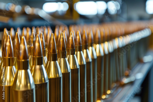 Many of shiny artillery shells or cartridges are in military warehouse, metal munition in storage of weapons factory close-up. Concept of war, background, equipment, supply