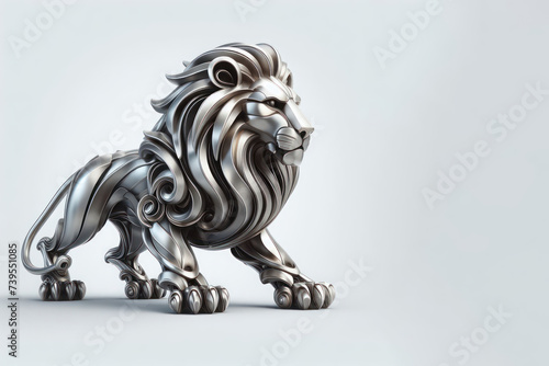 Sculpture of a lion made of metal on a clean background. Space for text. © Andbiz