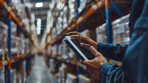 Warehouse Worker Using Tablet for Inventory Management Generative AI photo